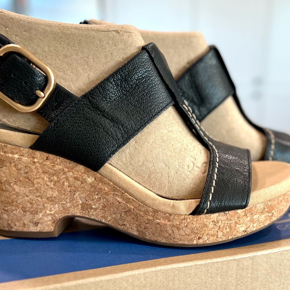 Clarks Collection Black Leather Cork Wedges "NEW" - Picture 3 of 16